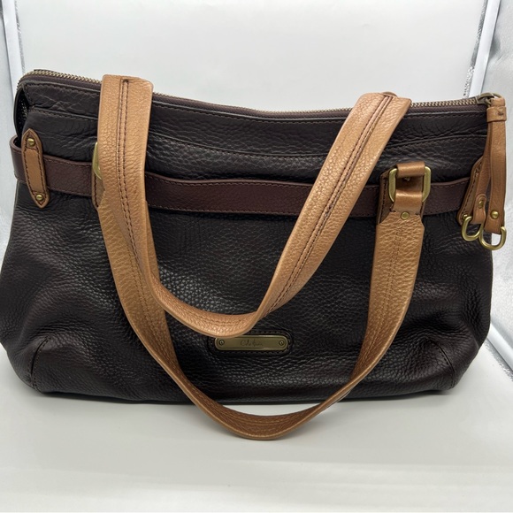 COLE HAAN Copper Brown Pebbled Leather Colorblock Turnlock Satchel Shoulder Bag - Picture 6 of 9